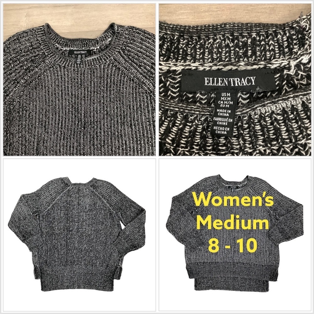 Ellen Tracy Medium 8 - 10 Sweater Crewneck Black White Marble Long Sleeve EUC